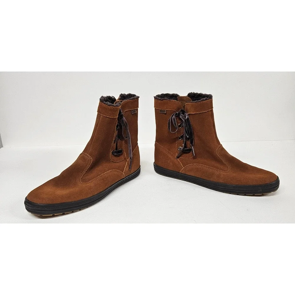 Keds Womens Brown Suede Faux Fur Lined Ankle Boots Velvet Lace Side Zip 8.5